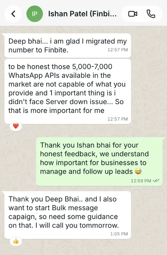 WhatsApp chat with Ishan Patel saying he is glad he migrated his number to Finbite and never faced a server-down issue